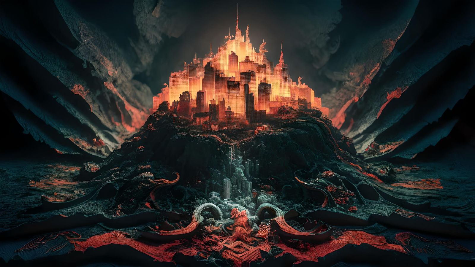 Glowing Metropolis on a Hill as Embossed Patchouliwork