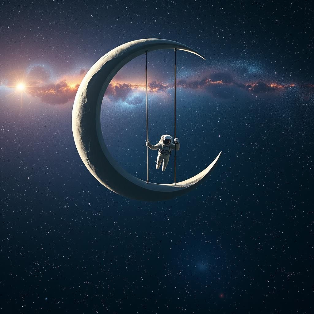 Astronaut on Moon Swing in Starry Space