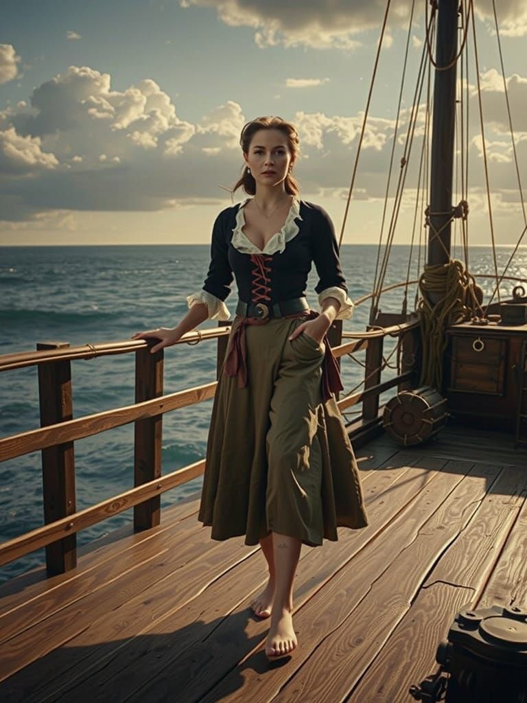 Pirate Woman Stands Confident on Vintage Pirate-Ship in HDR