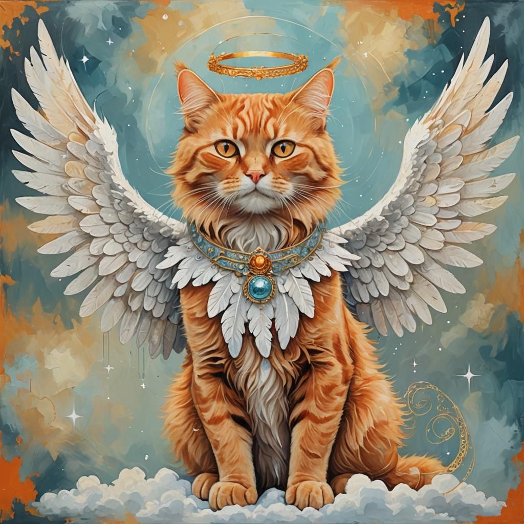 Orange Cat with Angel Wings in Heaven