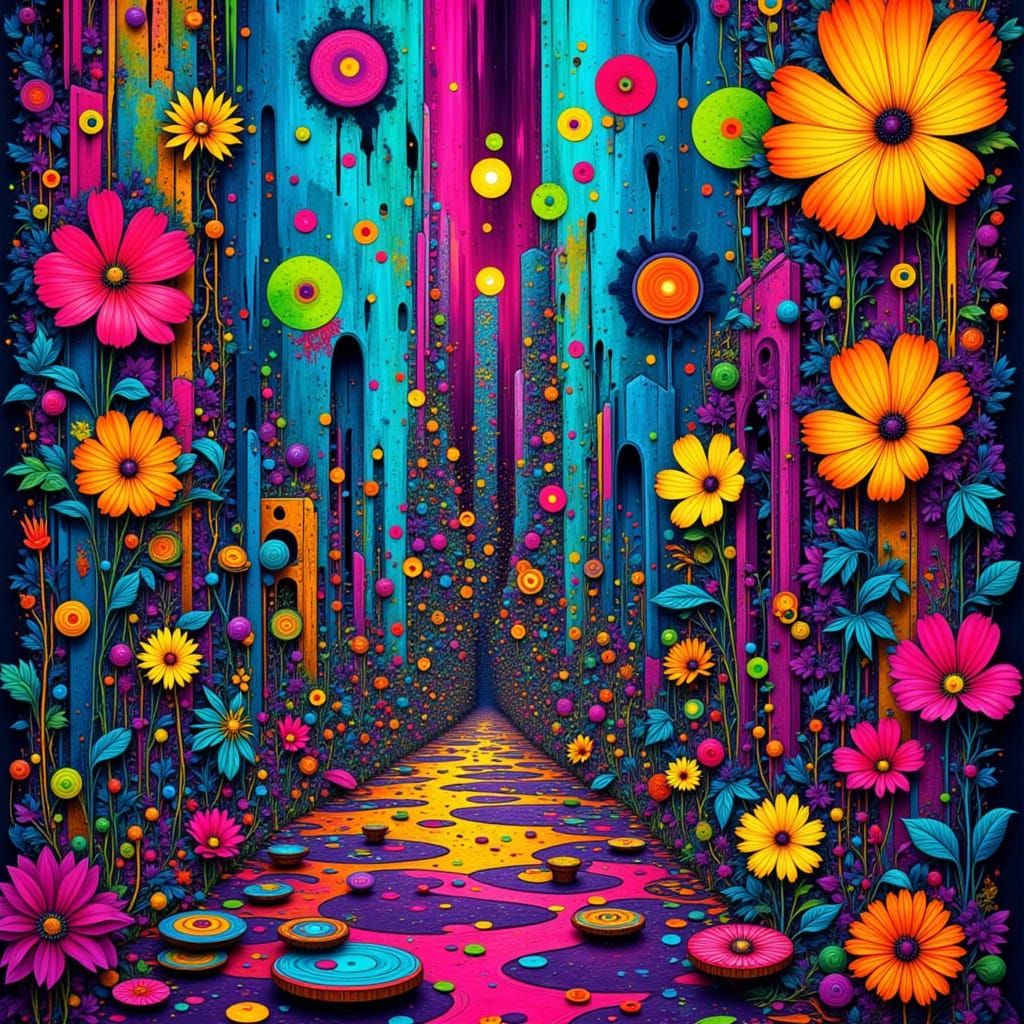 Futuristic Cityscape Mural Reclaimed by Nature in Graffiti S...