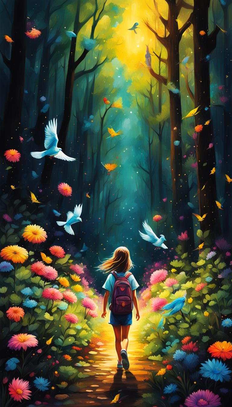 Girl in Forest: Graffiti Art with Flowers and Fireflies