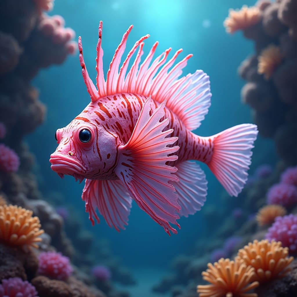 Pink Lionfish in Coral Reef, Detailed Digital Art