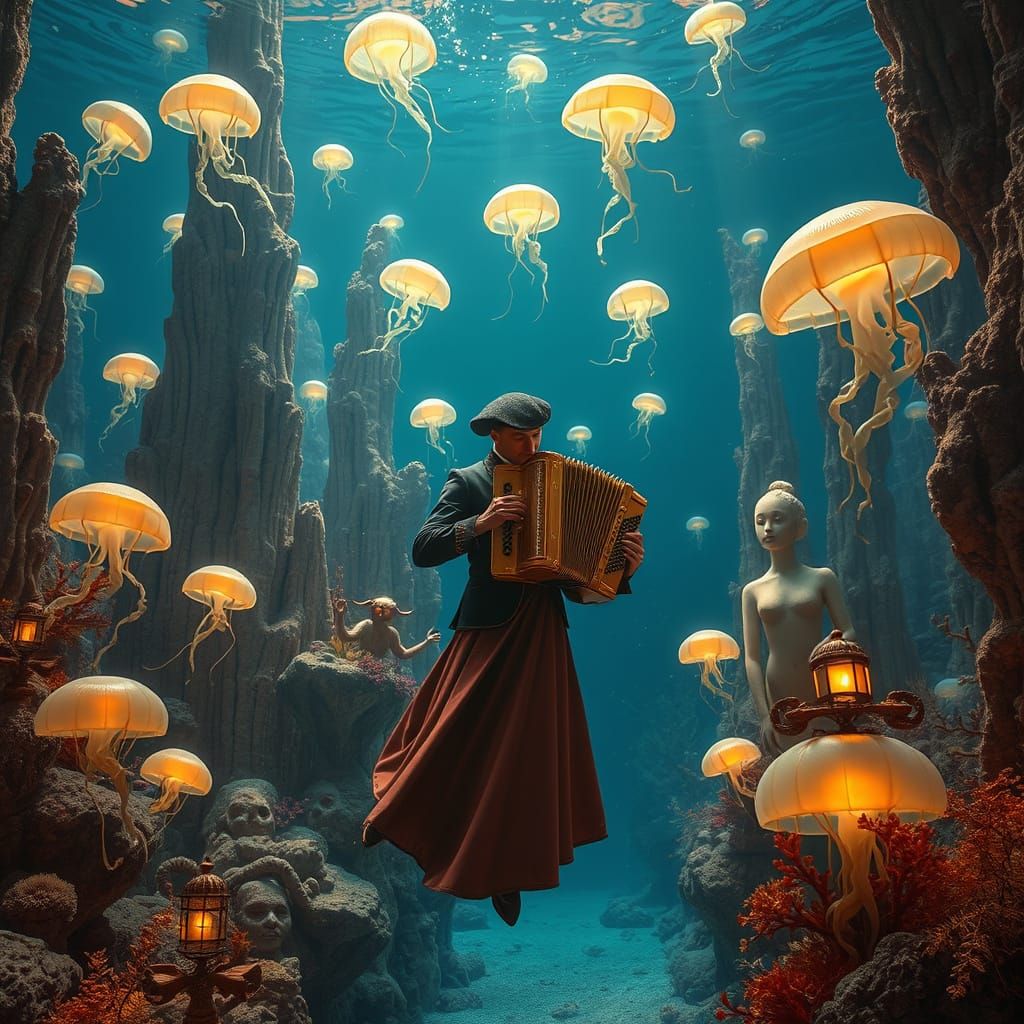 Underwater Ballet with Bioluminescent Jellyfish, Surreal Art