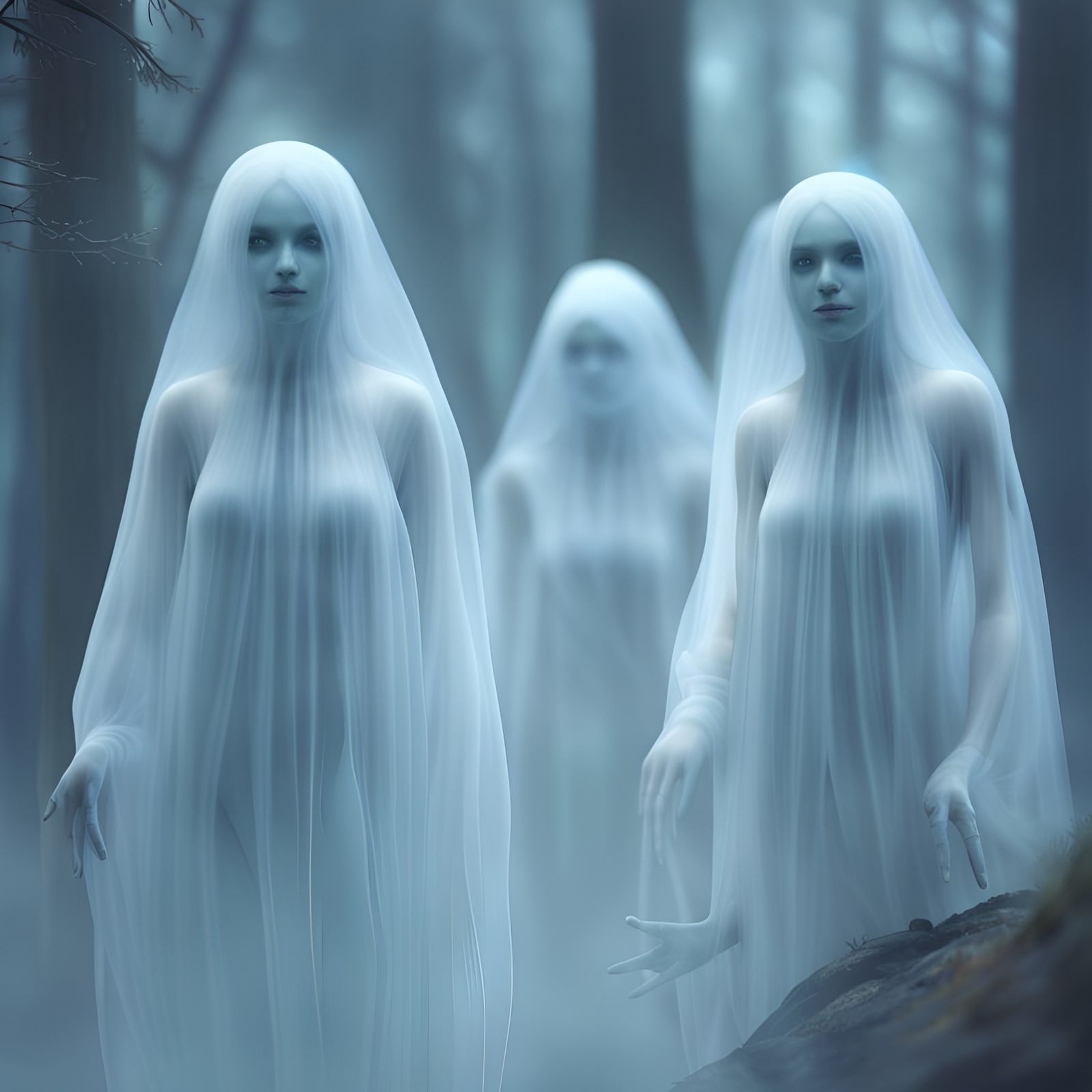 Ethereal Ghost Girls Floating in Misty Woods