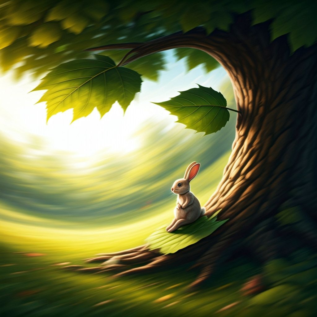 Surreal Rabbit Slides Down Giant Leaf with Radial Zoom