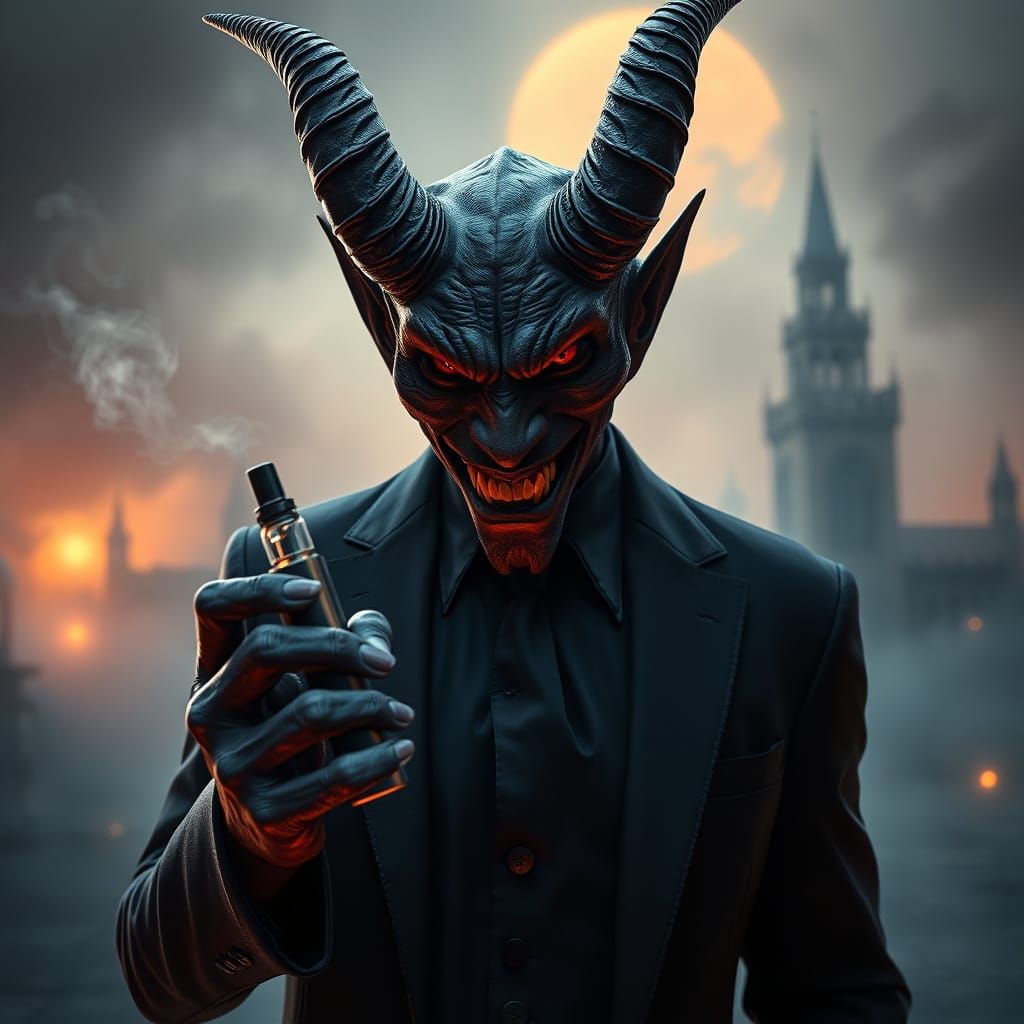 Mysterious Demon with Vape Cigarette in a Haunting, Gothic C...