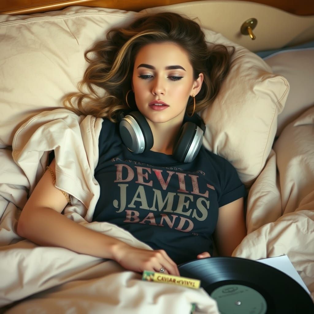 Woman in Bed with Vinyl Record Art