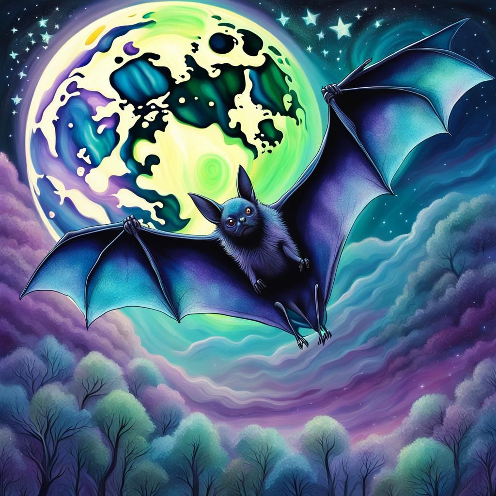 Bat Flying Before Moon in Cosmic Mixed Media
