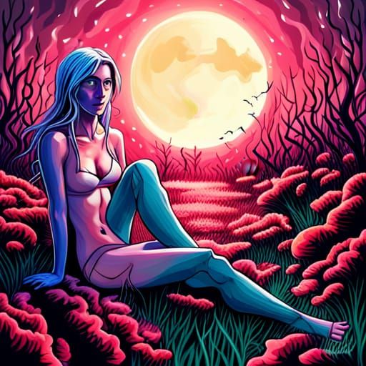 Moonlit Garden Graffiti Art with Pale Woman