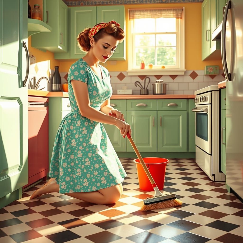 Tradwife Scrubbing in 1950s Kitchen, Hyperrealistic Style