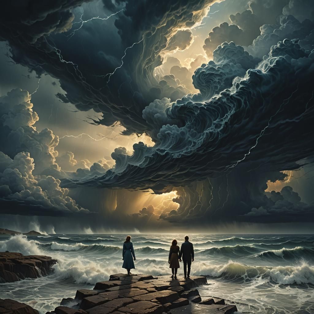 Couple Facing Stormy Sea in Fantastical Realism
