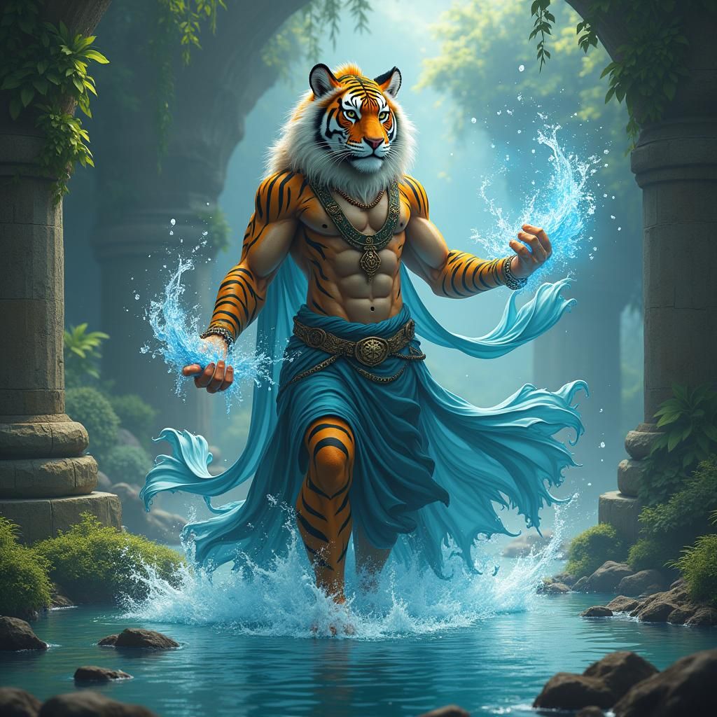 Majestic Tiger Humanoid Wielding Water Magic