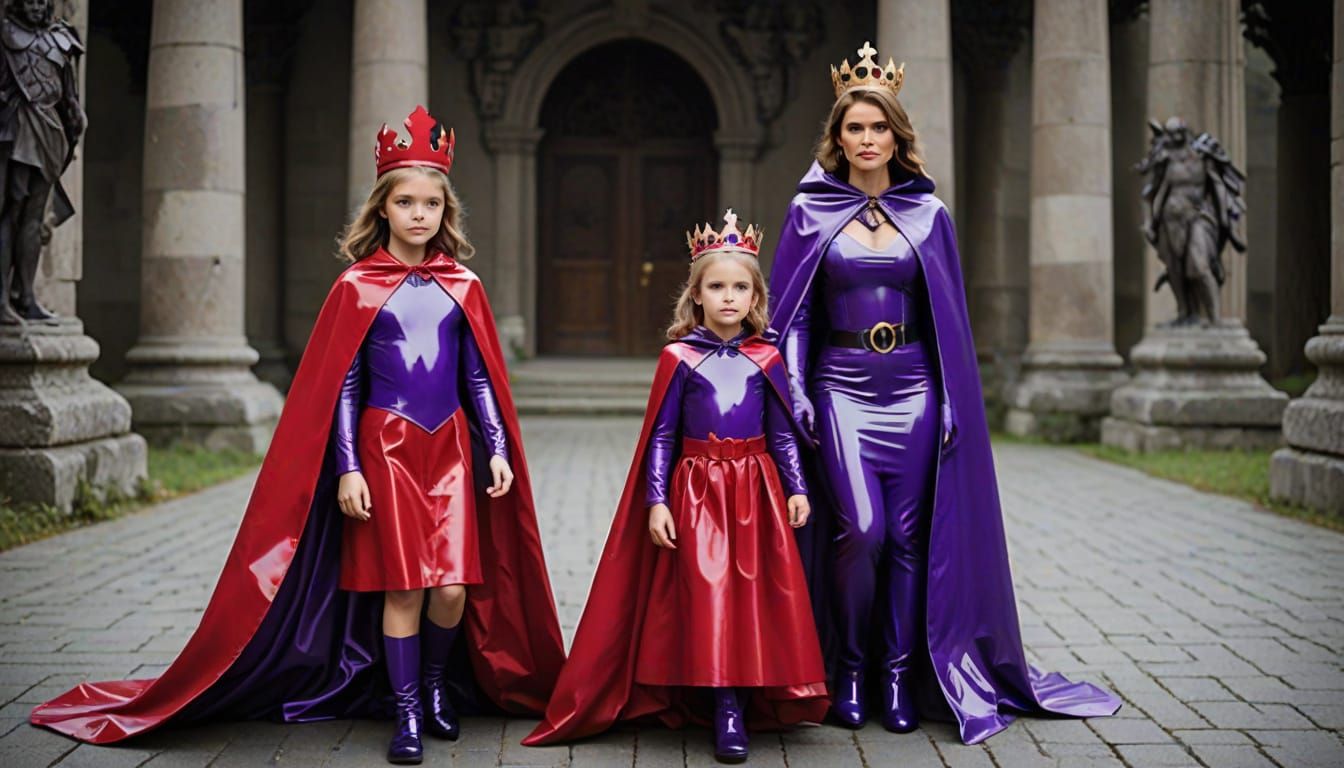 Mother and Daughter in Bold Latex Attire on a Temple