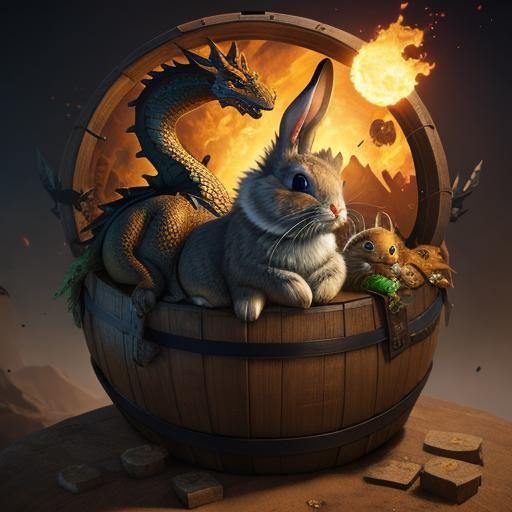 Dragon and Bunnies Playing with Gold: Detailed Matte Paintin...