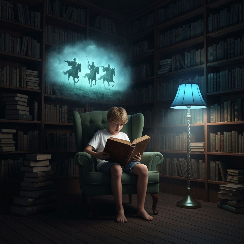 Boy Reads Fantasy Book Under Spectral Horsemen, Matte Painti...
