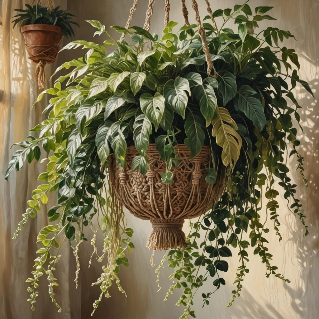 Macrame Plant Holder in Impressionist Oil Painting