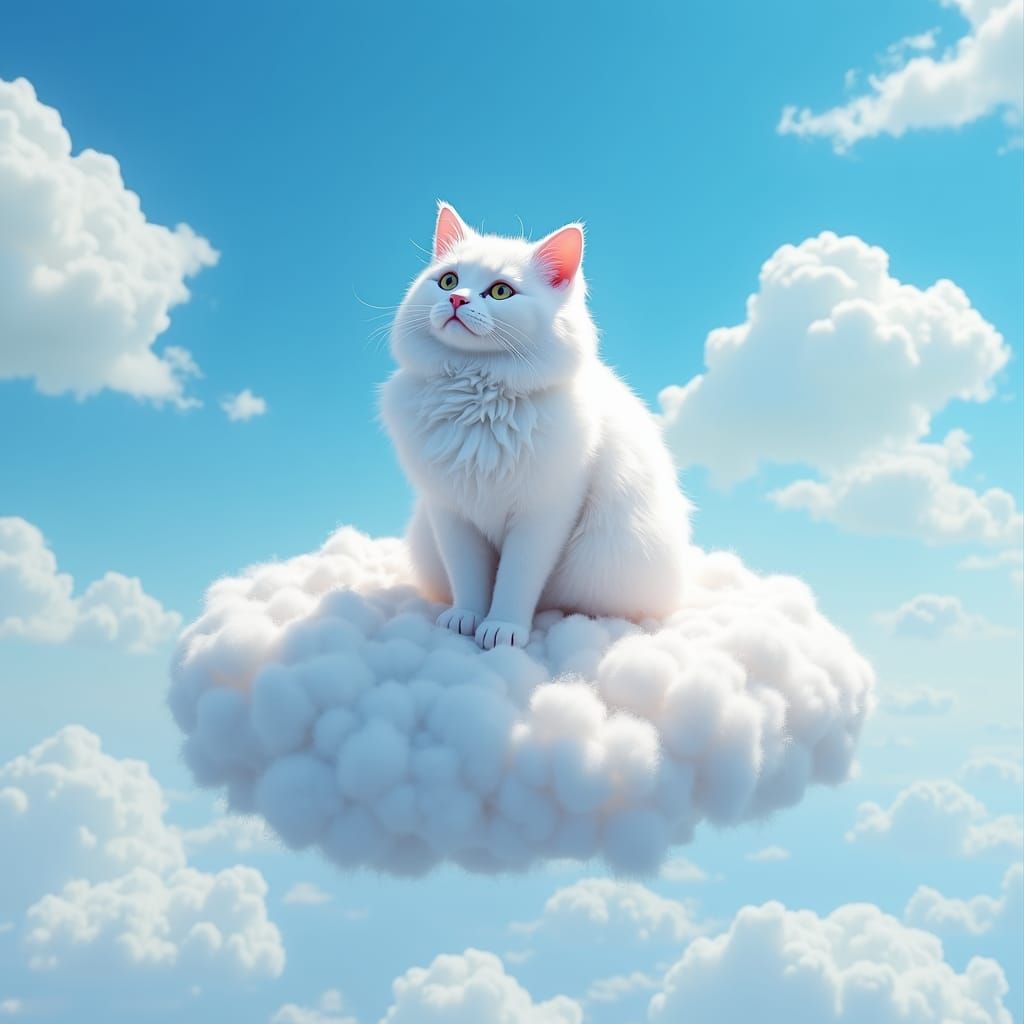 hyper realistic image of a white fluffy cat sitting on white...