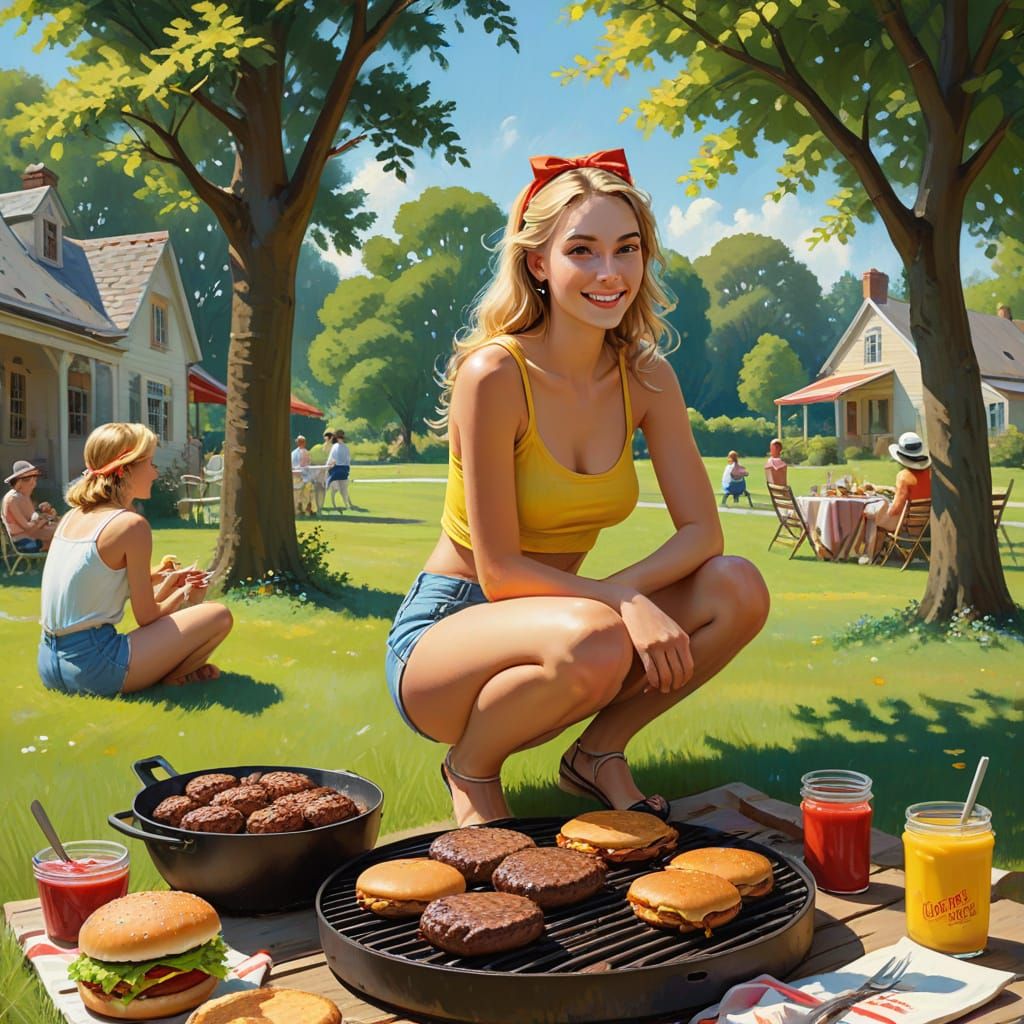 A Young Woman Grills Hamburgers in a Whimsical Summer Scene