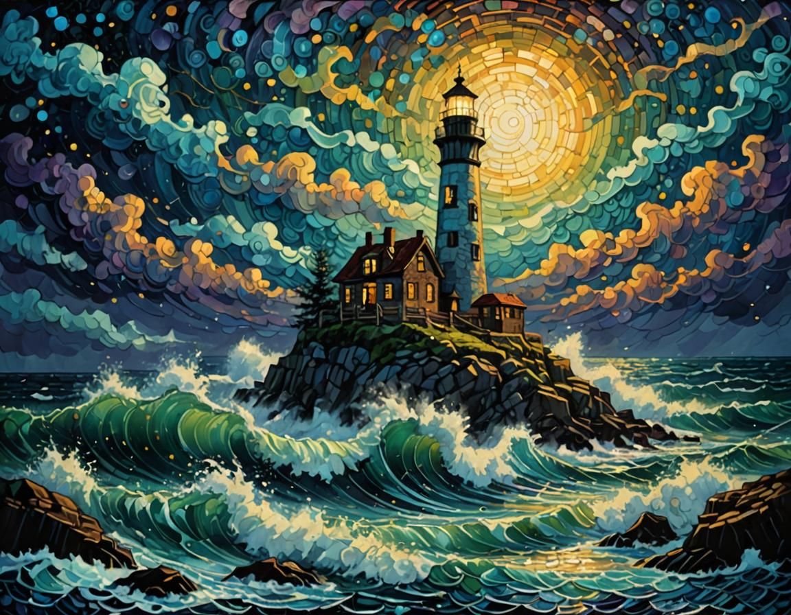 Surreal Lighthouse in Stormy Seas: Maximalist Oil Painting