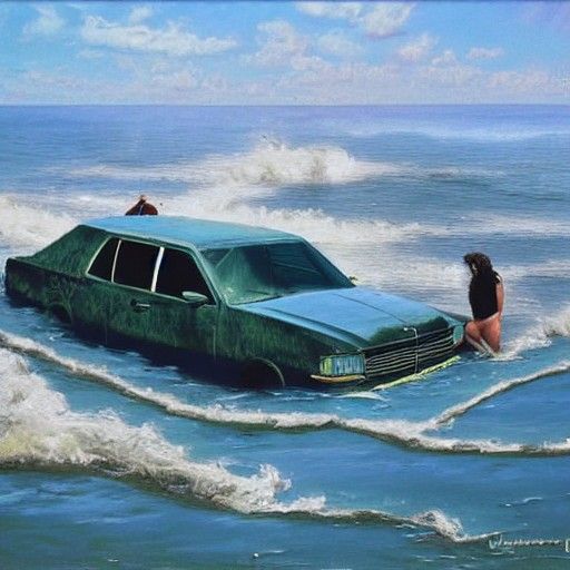 Submerged Car with Figures, in Oil Painting Style
