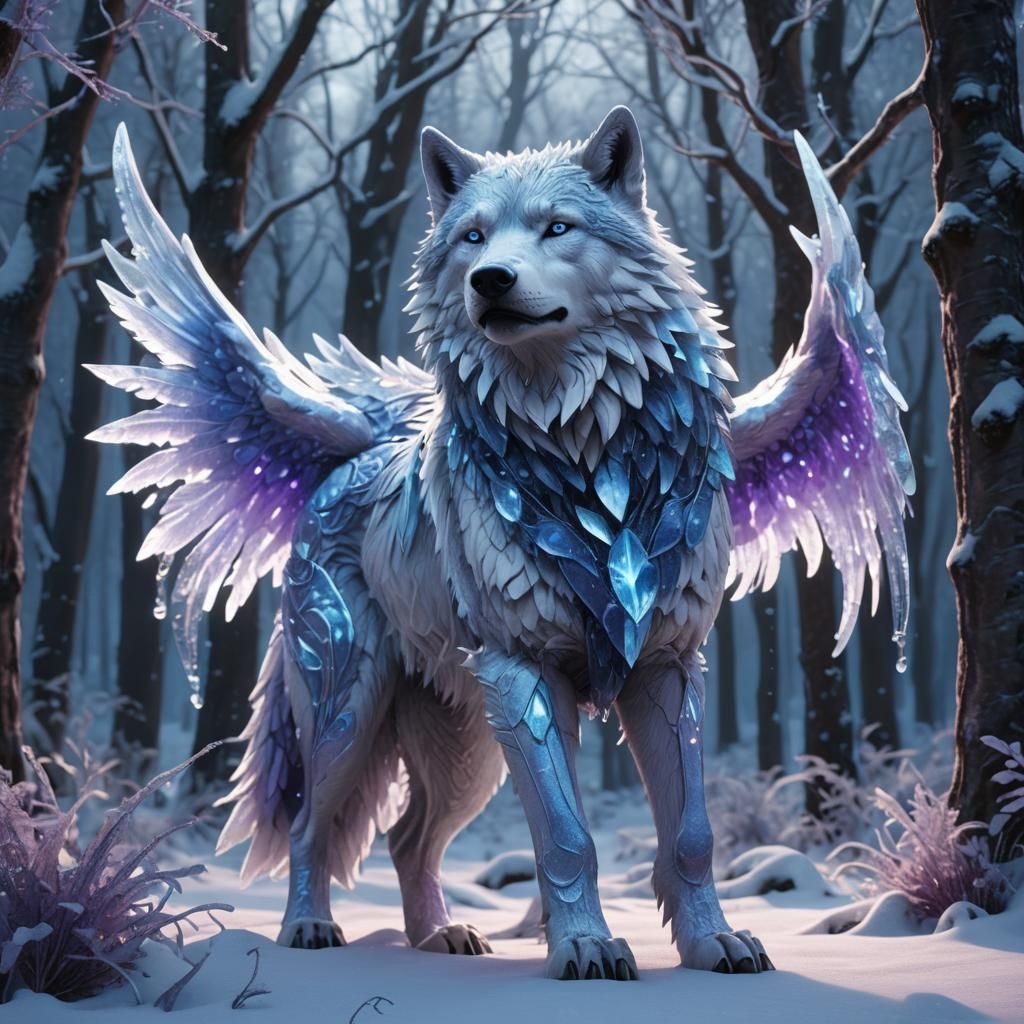 Ice Wolf in Frozen Forest: Art Nouveau Dreamscape