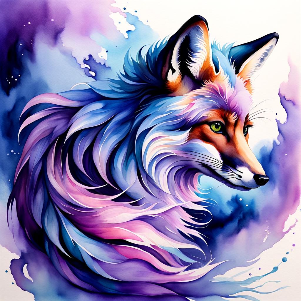 Mystical Fox in Surreal Watercolor Seascape