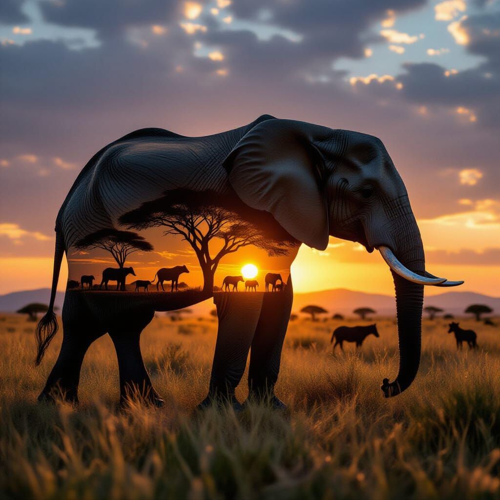 Surreal Elephant Silhouette on African Savannah Cinematic Fi...
