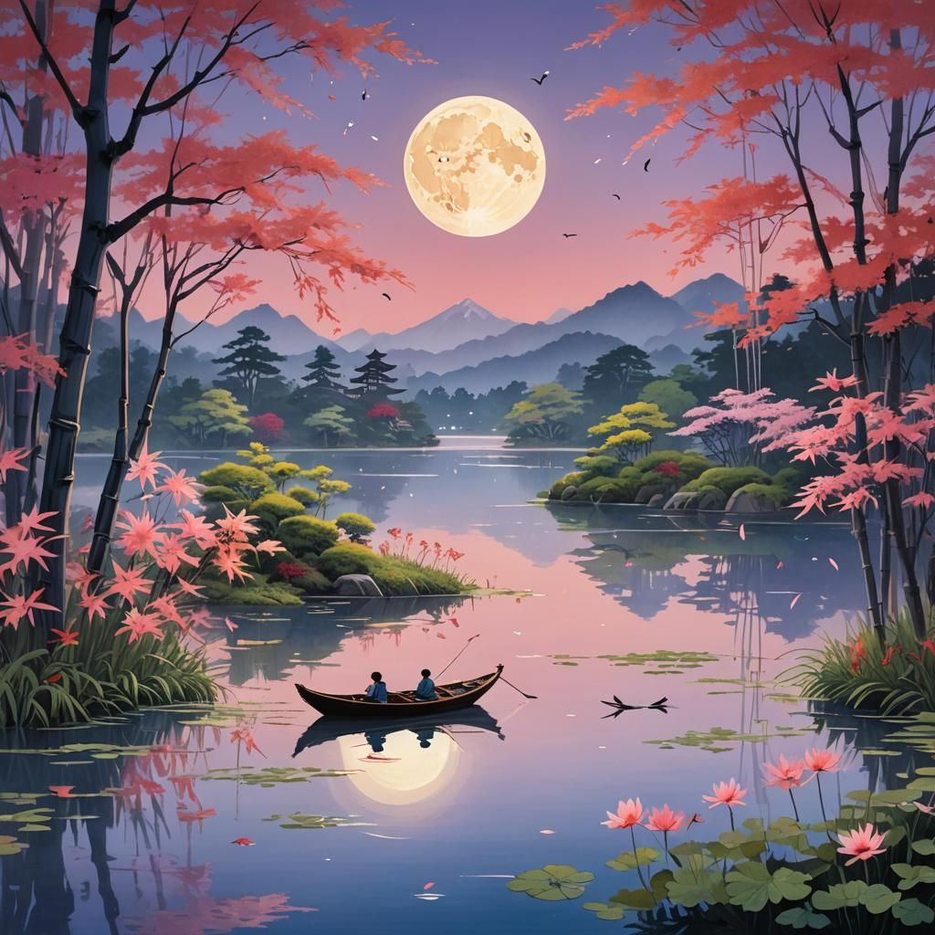 Serene Asian Lake at Dusk: A Digital Watercolor