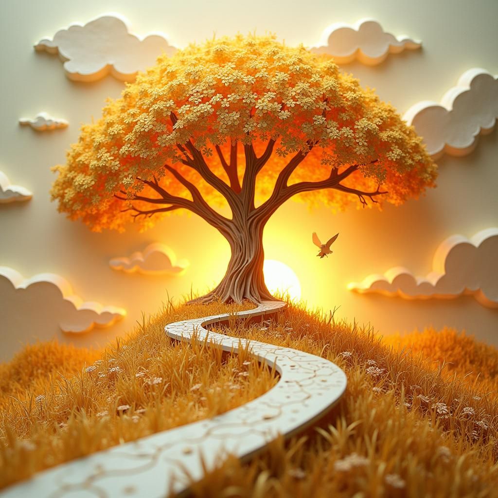 Giant Gold Tree Paper Art Sculpture with Pointillist Path