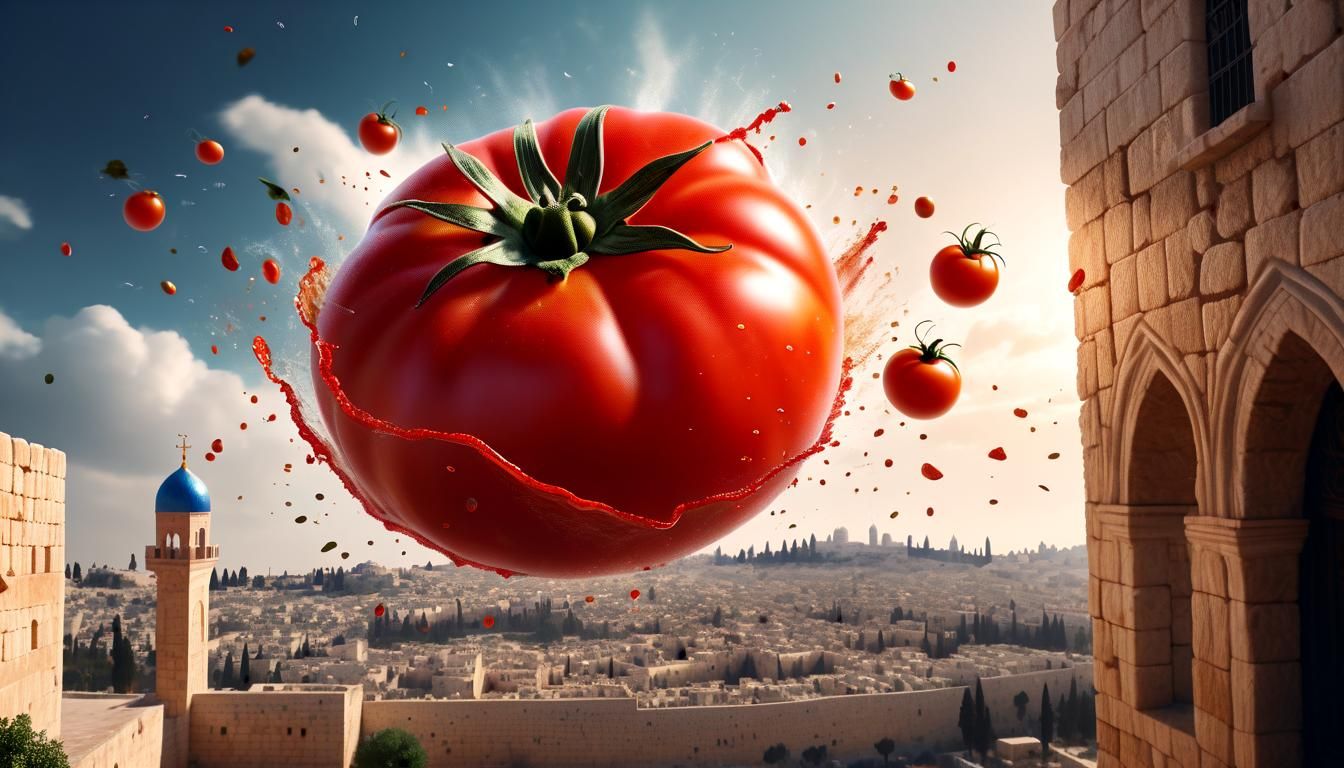 Tomato Flies Over Jerusalem: Hyperrealistic Splash Art