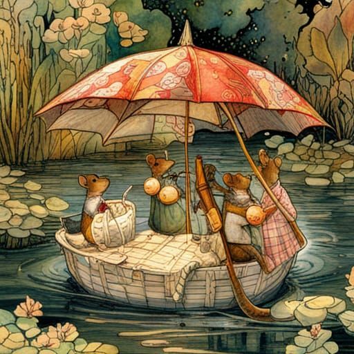 Mice Family's Umbrella Boat: Intricate Illustration
