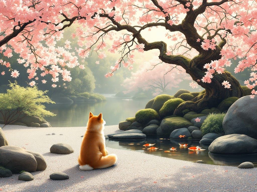 Japanese Zen Garden with Meditating Shiba Inu in Soft Light
