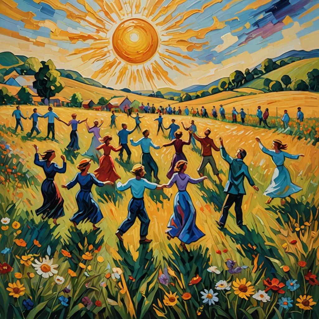 People Dancing Around a Sun as Oil Painting