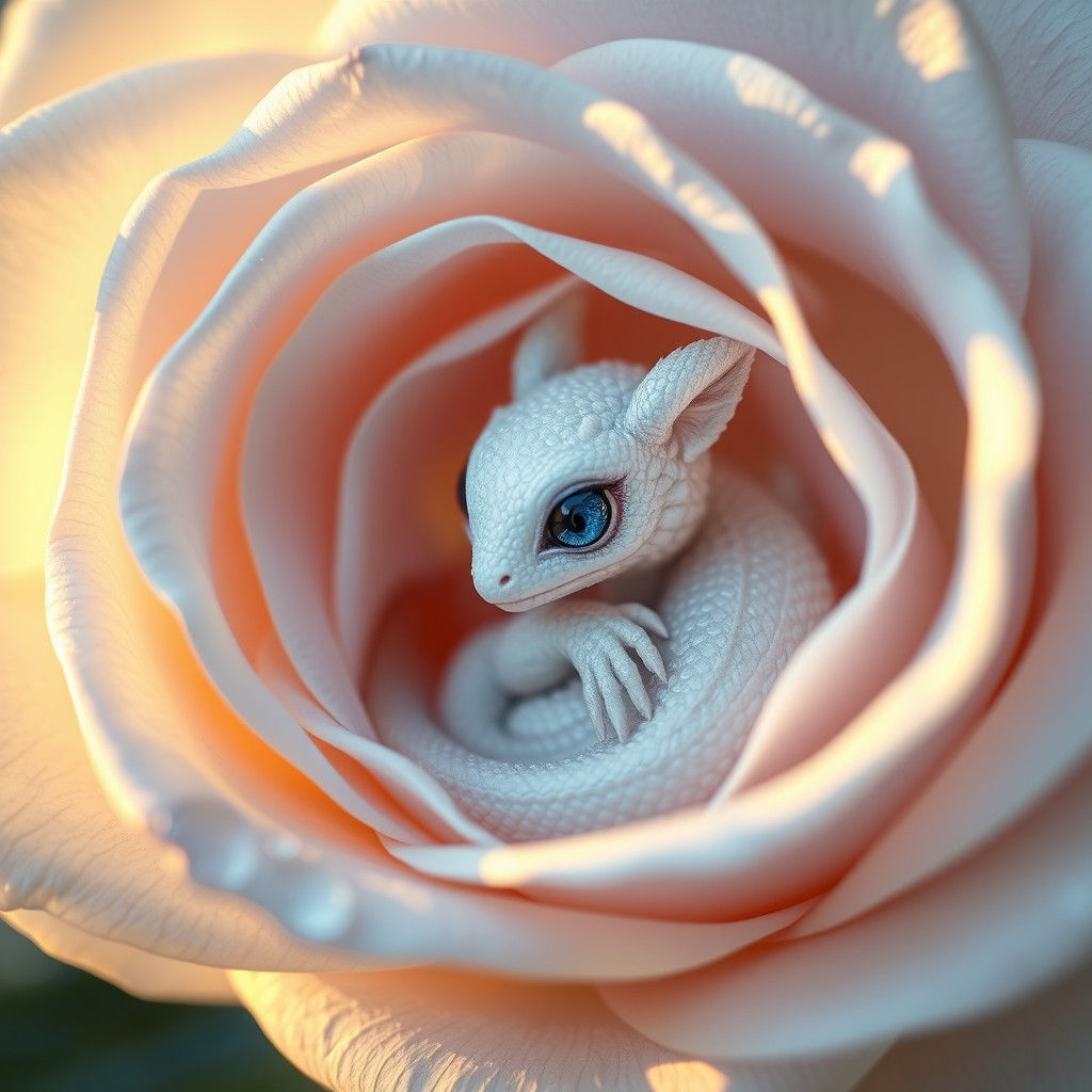 White Dragon Snuggled in Blue Rose