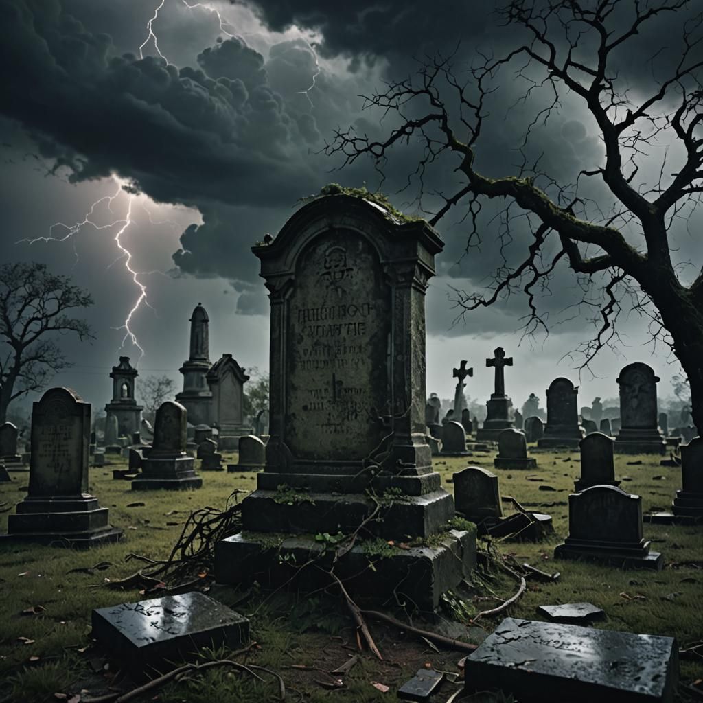 Eerie Graveyard Headstone in Stormy Cinematic Scene
