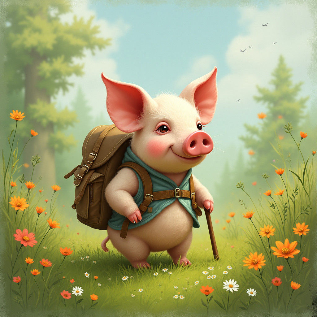 Pig's Whimsical Meadow Adventure in Storybook Style