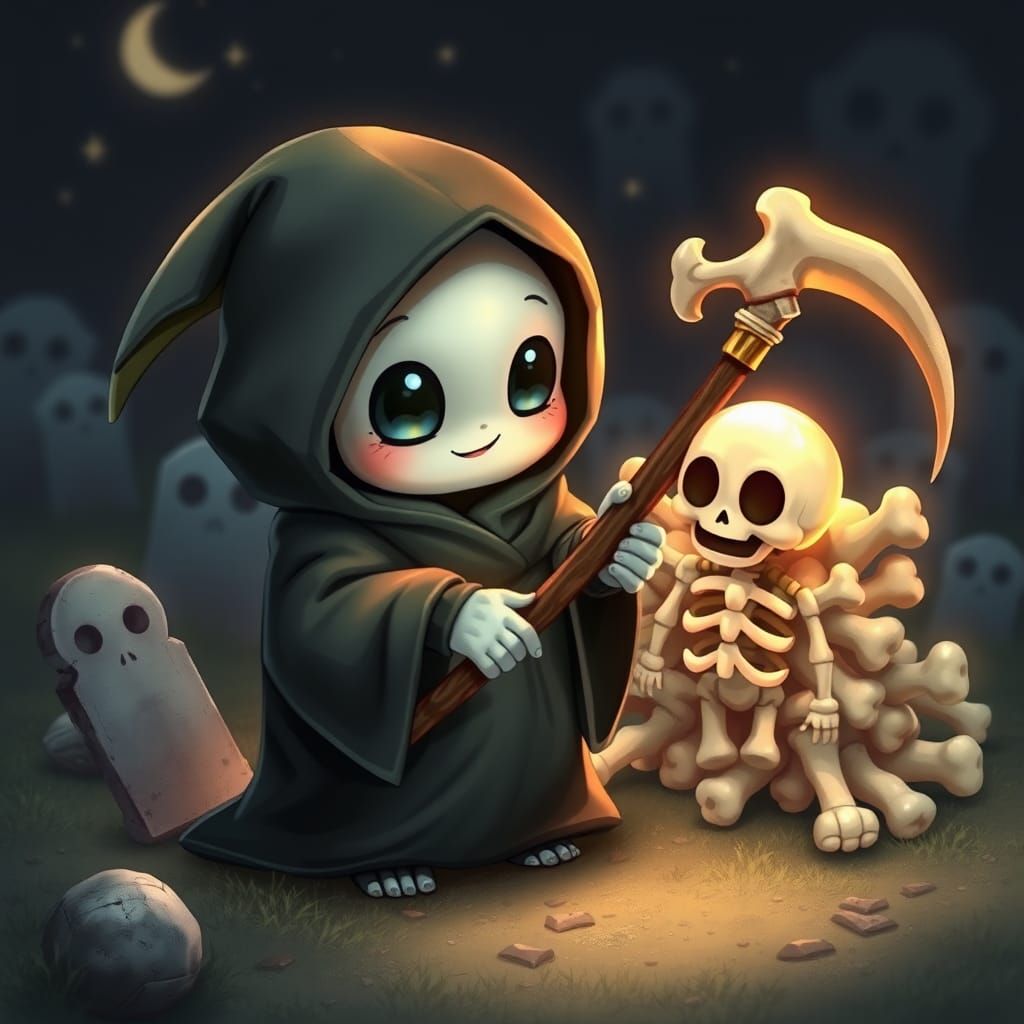 Adorable Grim Reaper Reanimates Skeleton Friend