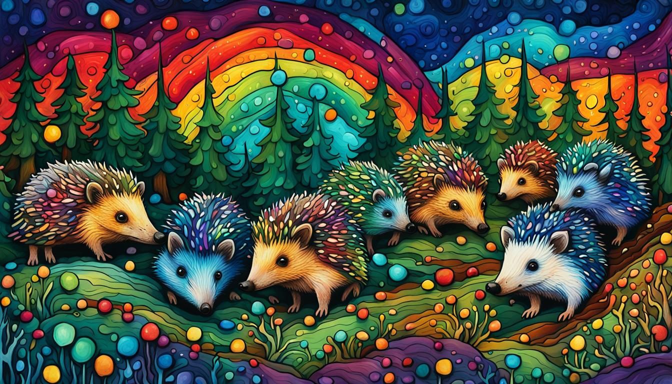 Whimsical Hedgehogs in Winter Forest, Stylized Cellphone Art
