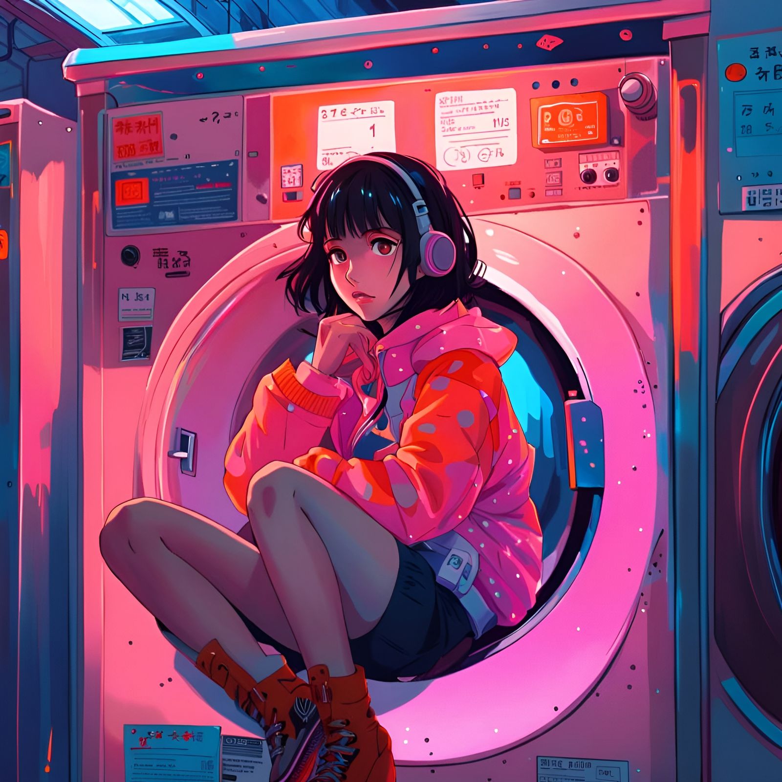 Girl in Washing Machine: Anime Digital Art