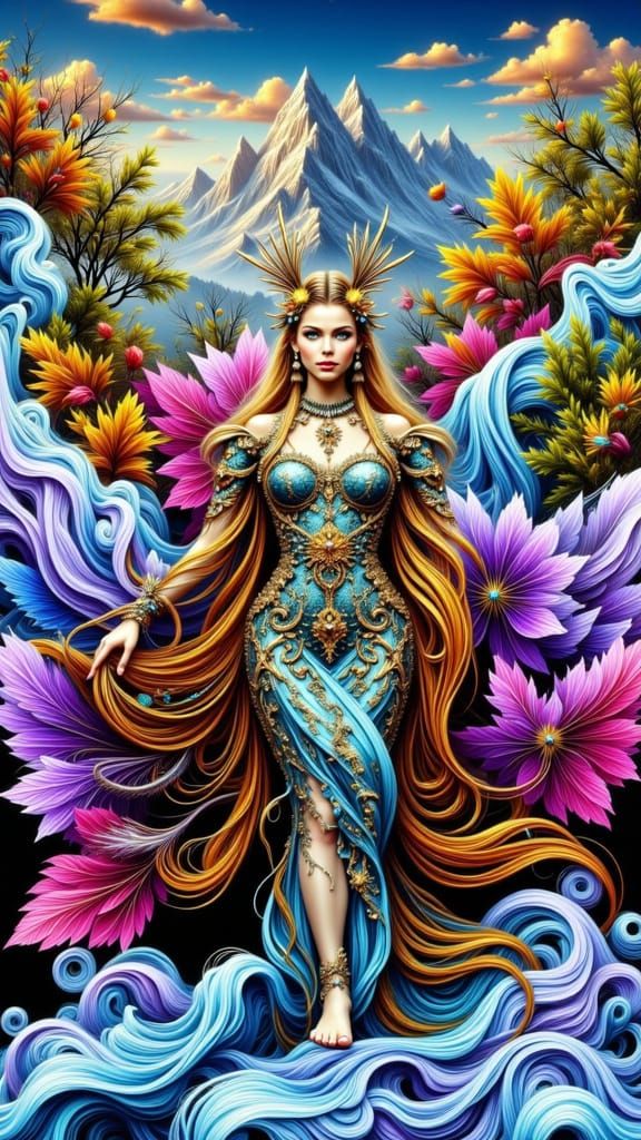 Autumn Goddess in Hyperrealistic Landscape