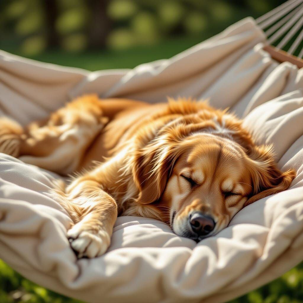 Golden Retriever Sleeps in Sun on Hammock