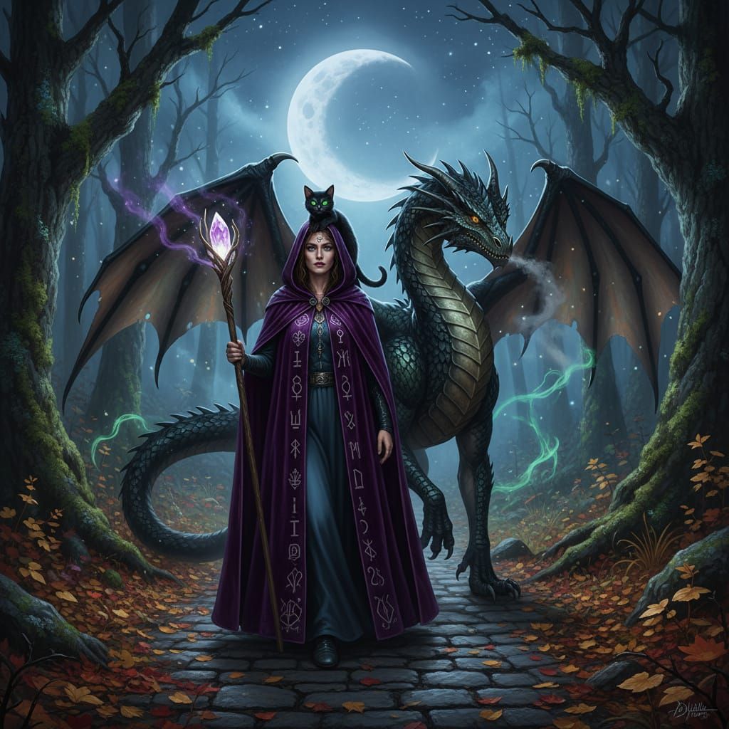 Witch Walks With Black Cat And Dragon In Mystical Forest