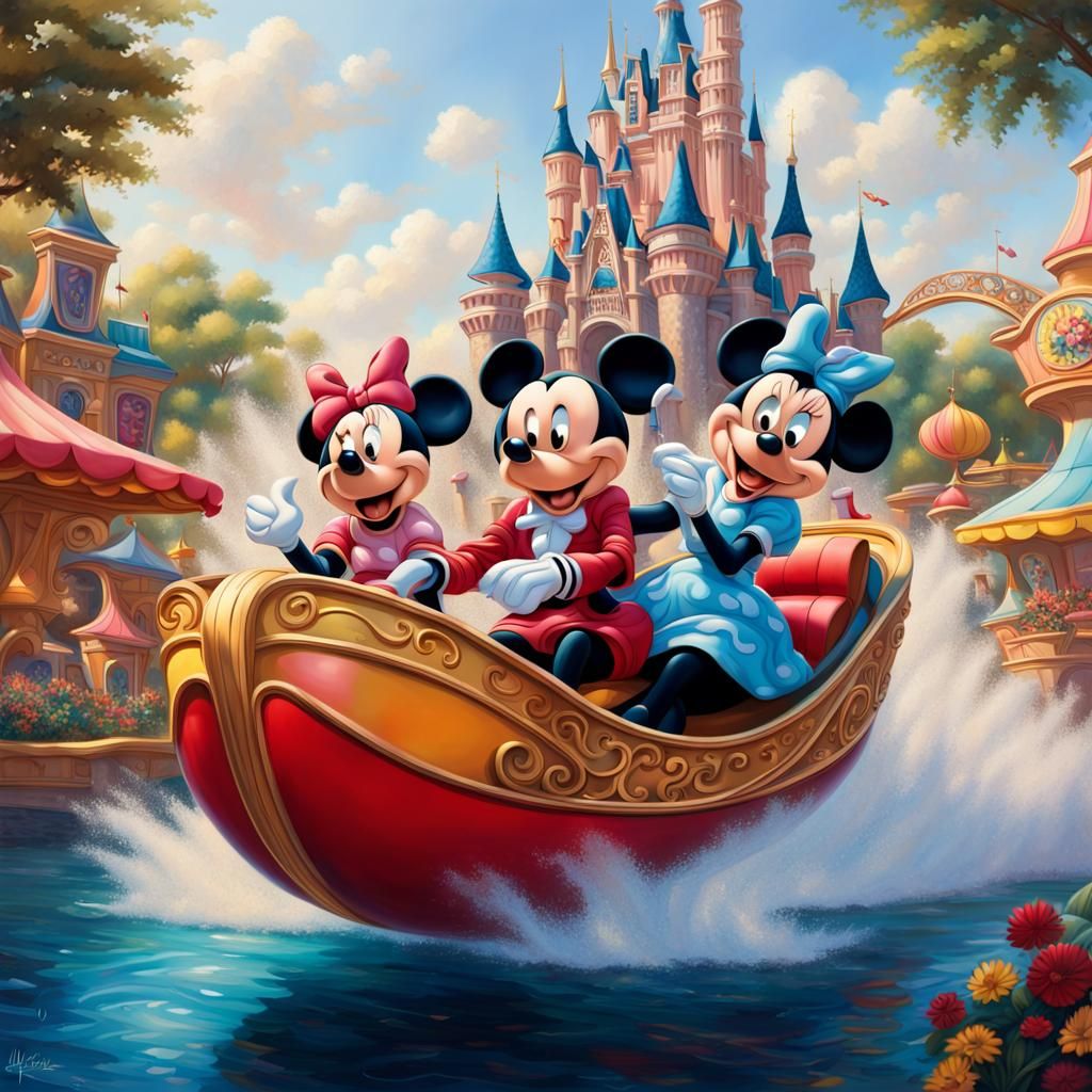 the enchanting Mickey and Minnie Mouse gliding through a vibrant theme park.