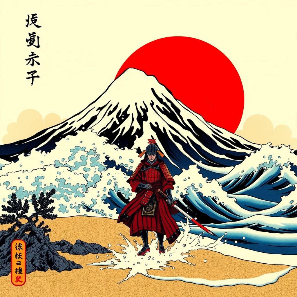 A traditional Ukiyo-e style image of a large snowy mountain ...