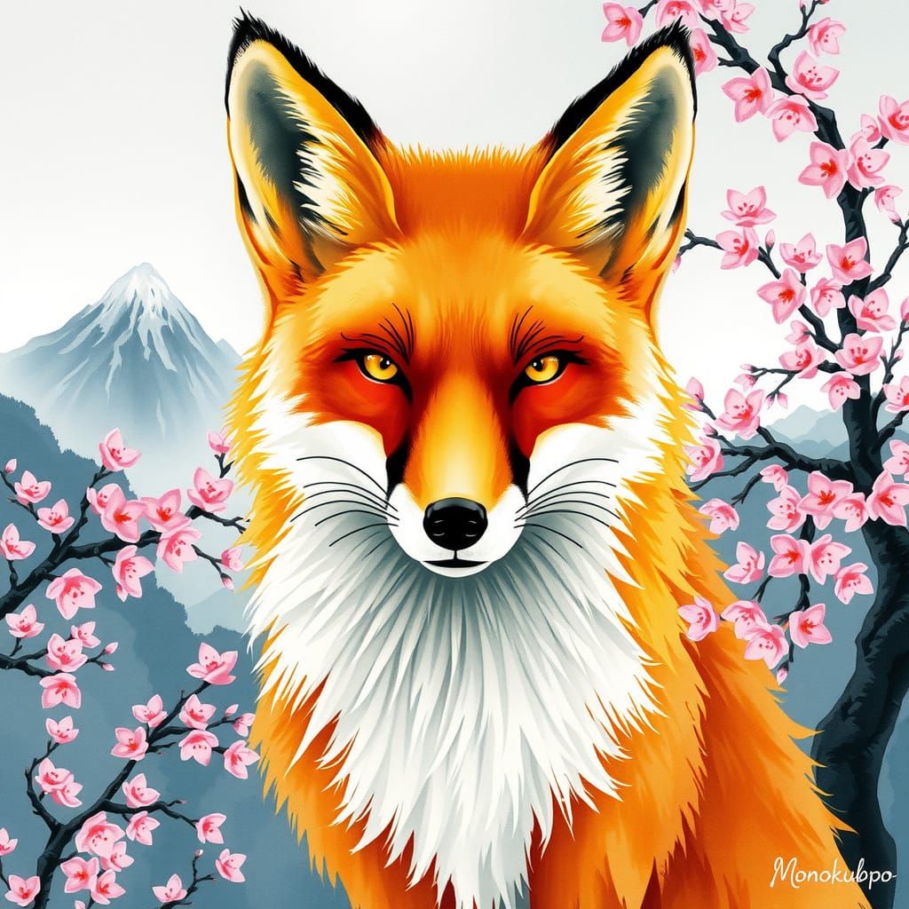 Majestic Fox in Whimsical Japanese Watercolor Style