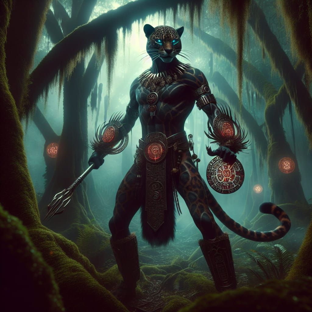 Fierce Ocelotl Warrior in Mystical Jungle