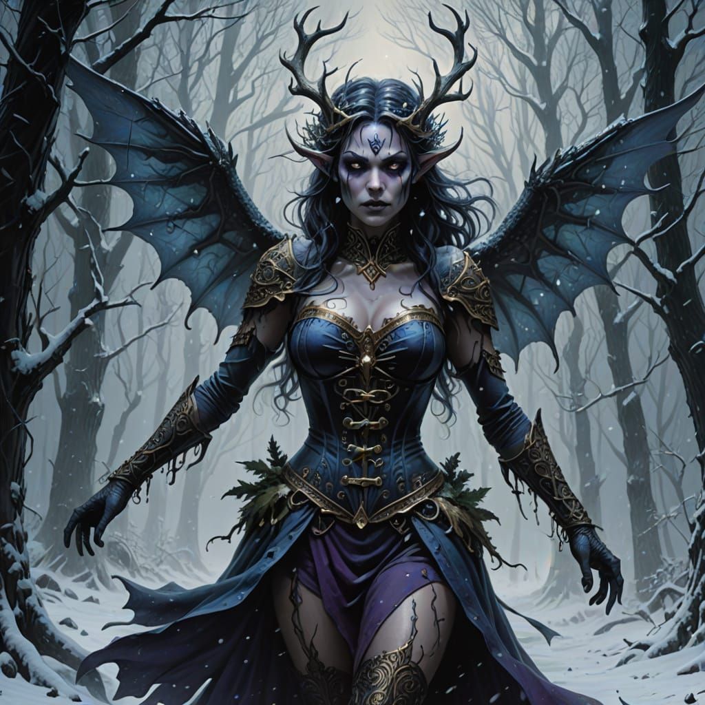 Ethereal Dark Elf Soars Through Frosty Forest in Haunting Ar...