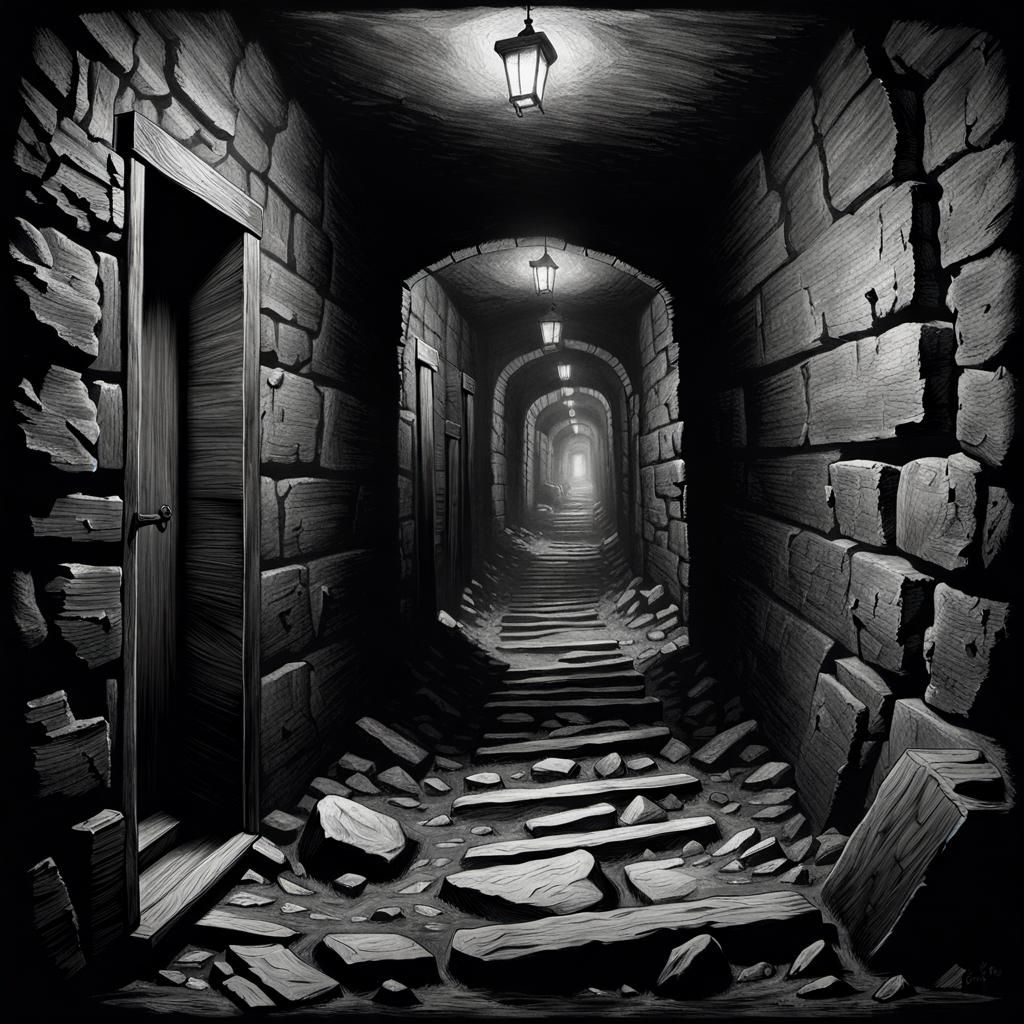 Ominous Haunted Mine Corridor in Charcoal Drawing Style