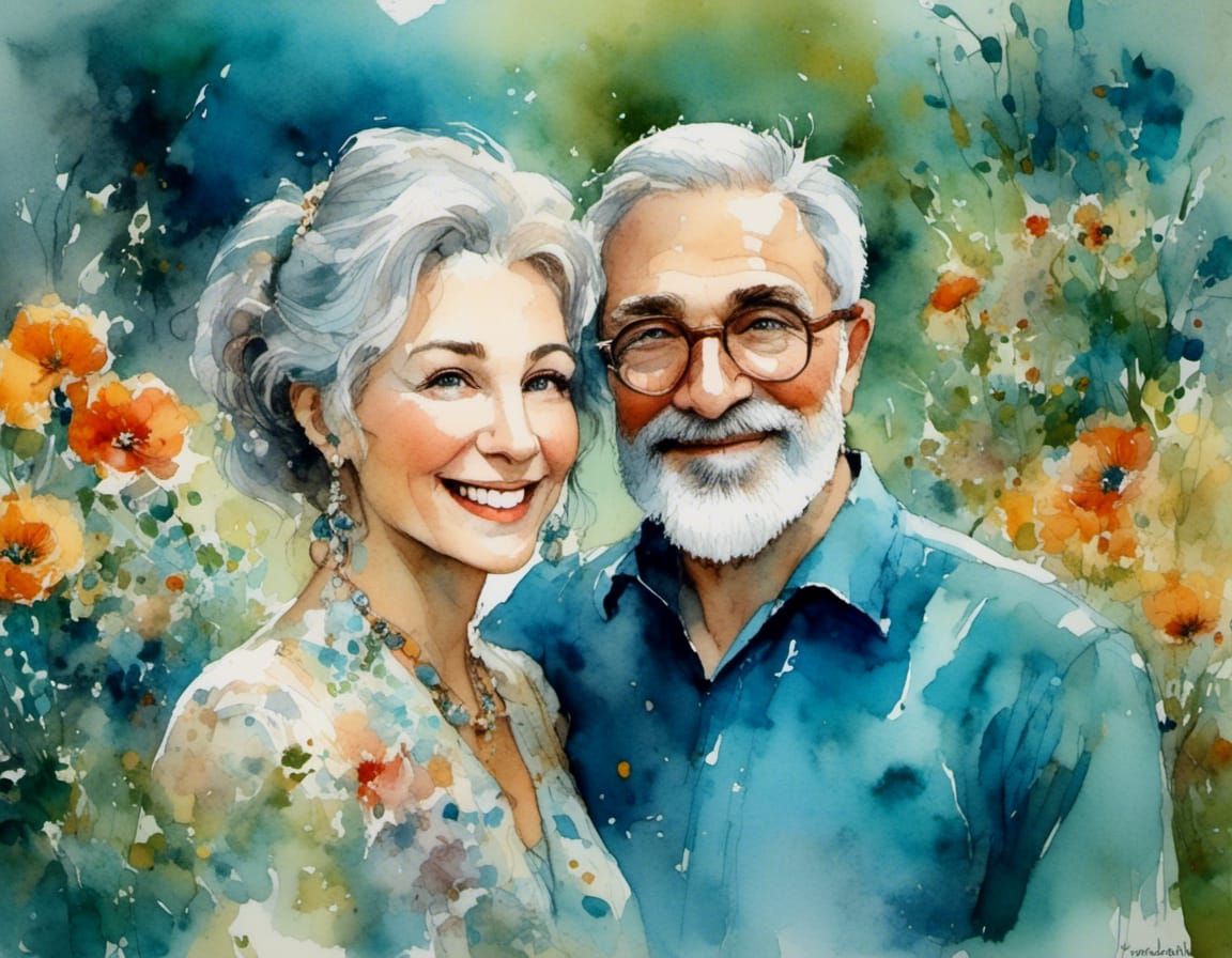Happy Couple Portrait in Vintage Watercolor Style